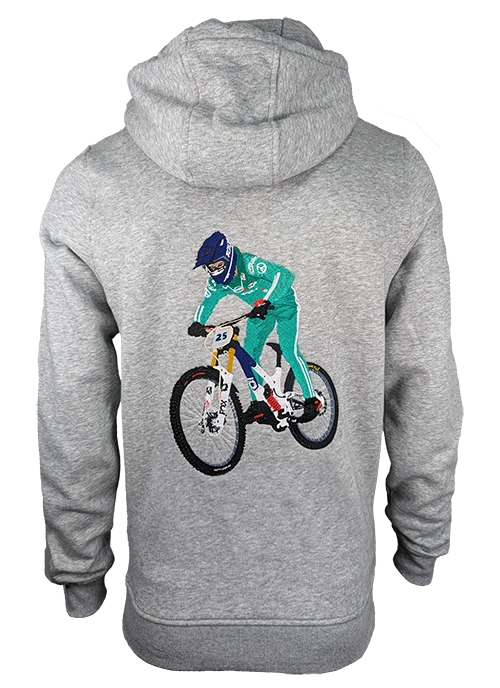 Grauer Pullover mit besticktem Rückenmotiv