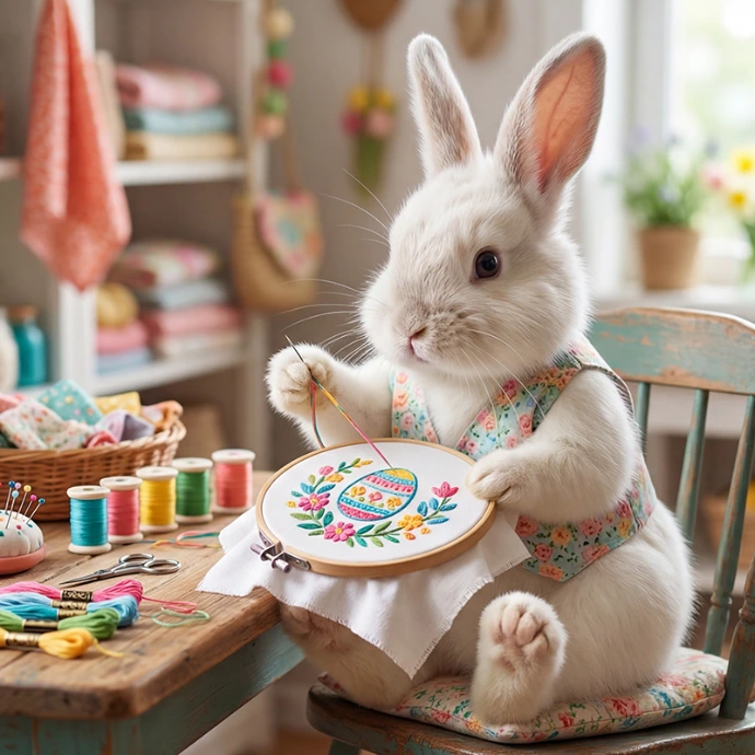 KI-generiertes Bild, Osterhase stickt von Hand